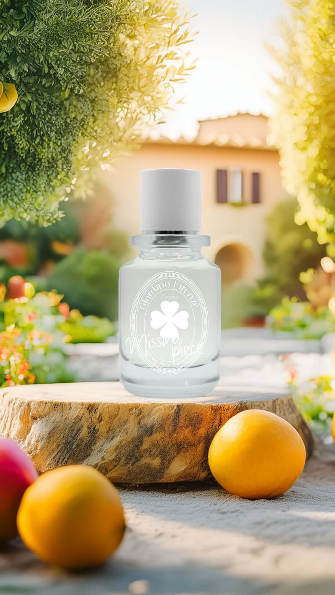 Giardino Firenze Missing Piece Parfumflakon im sonnigen Garten mit Zitrusfrüchten