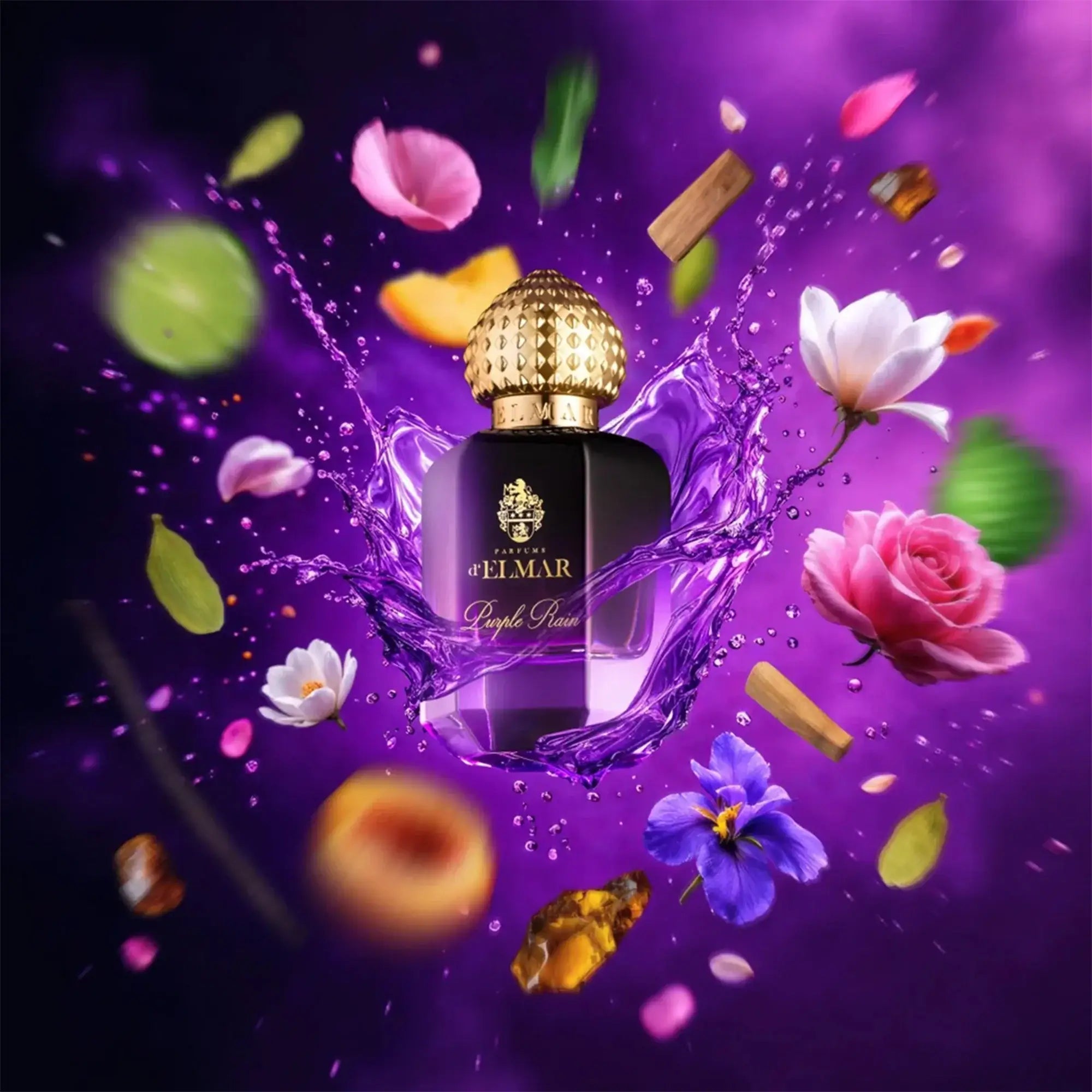 Parfums d’Elmar Purple Rain kaufen – Flakon mit Früchten im Hintergrund, luxuriöses Unisex-Parfum