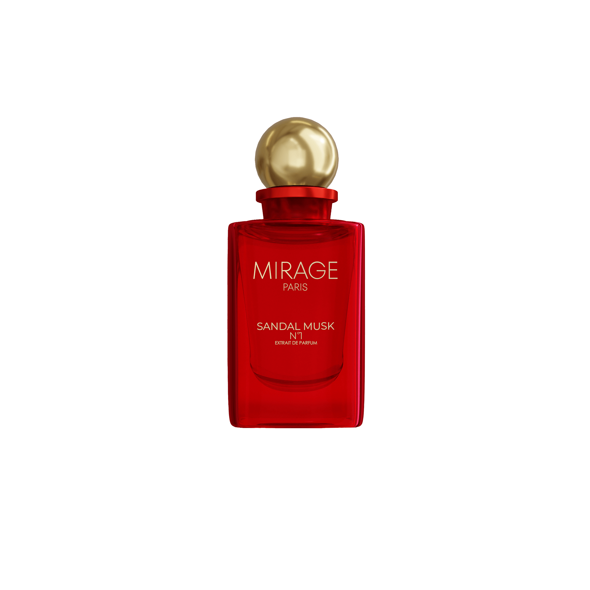 Sandal Musk von Mirage in rotem Flakon mit goldenem Verschluss, harmonischer und eleganter Duft.