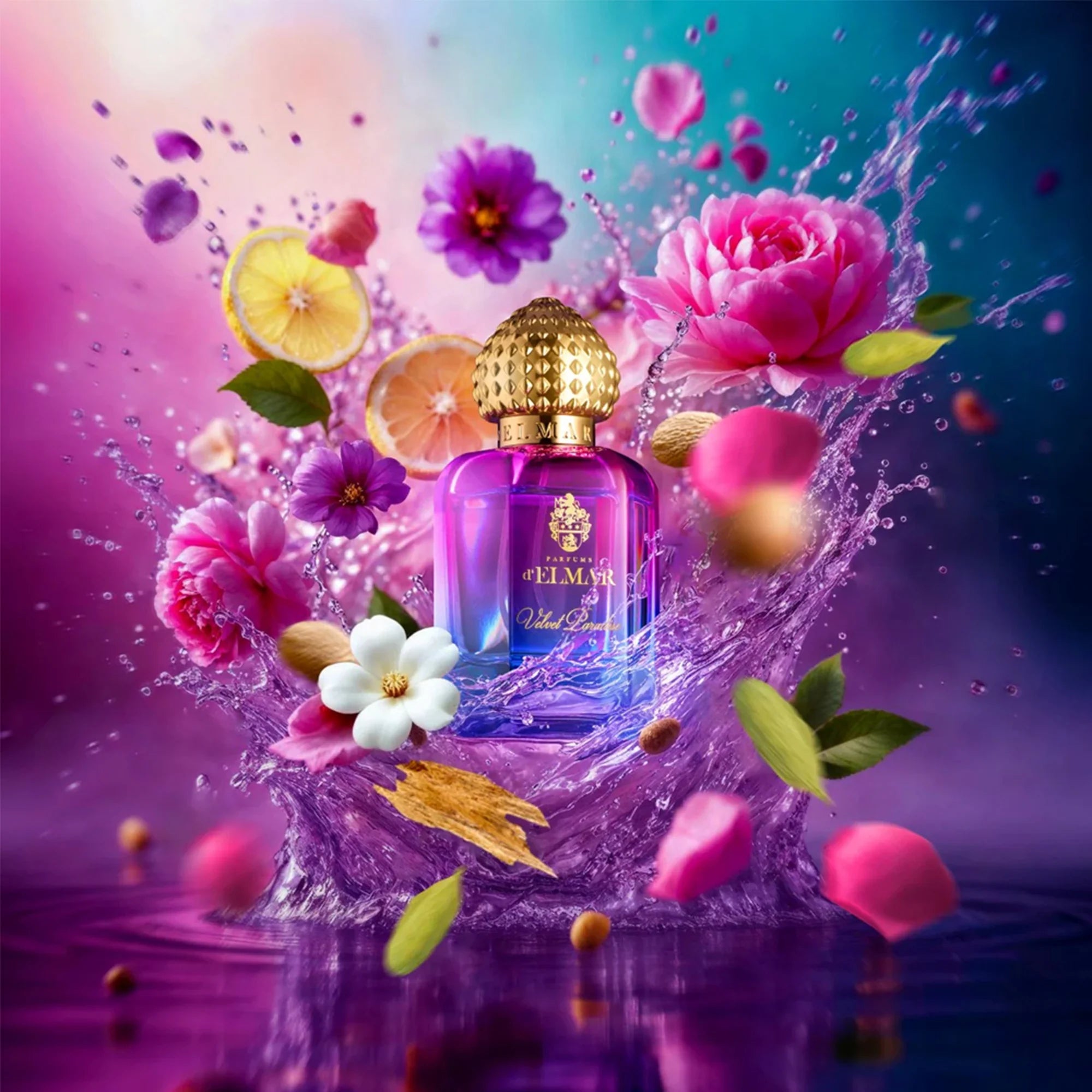 Parfums d’Elmar Velvet Paradise Parfumflakon, umgeben von leuchtenden Blumen und Wasserspritzern.